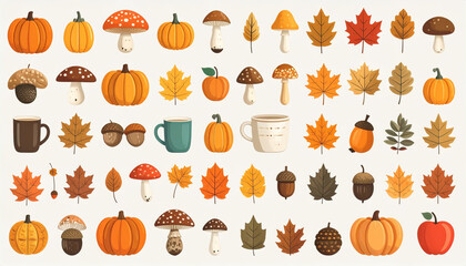 Autumn icon set, simple flat vector, includes pumpkin, maple leaf, acorn, mushroom