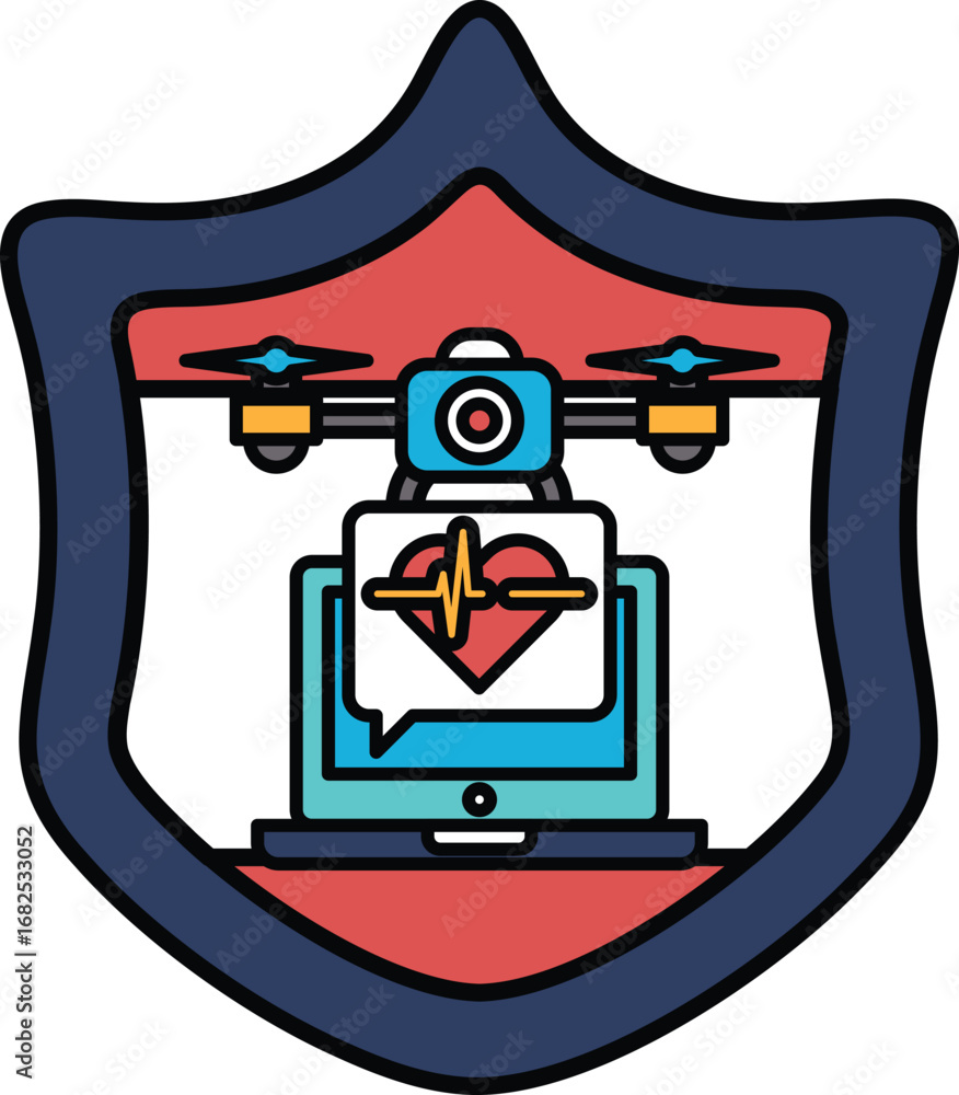 Poster A black and white image of a shield with a heart and a drone on it