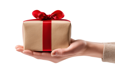 Hands holding elegant brown gift box with red ribbon and bow isolated on transparent background