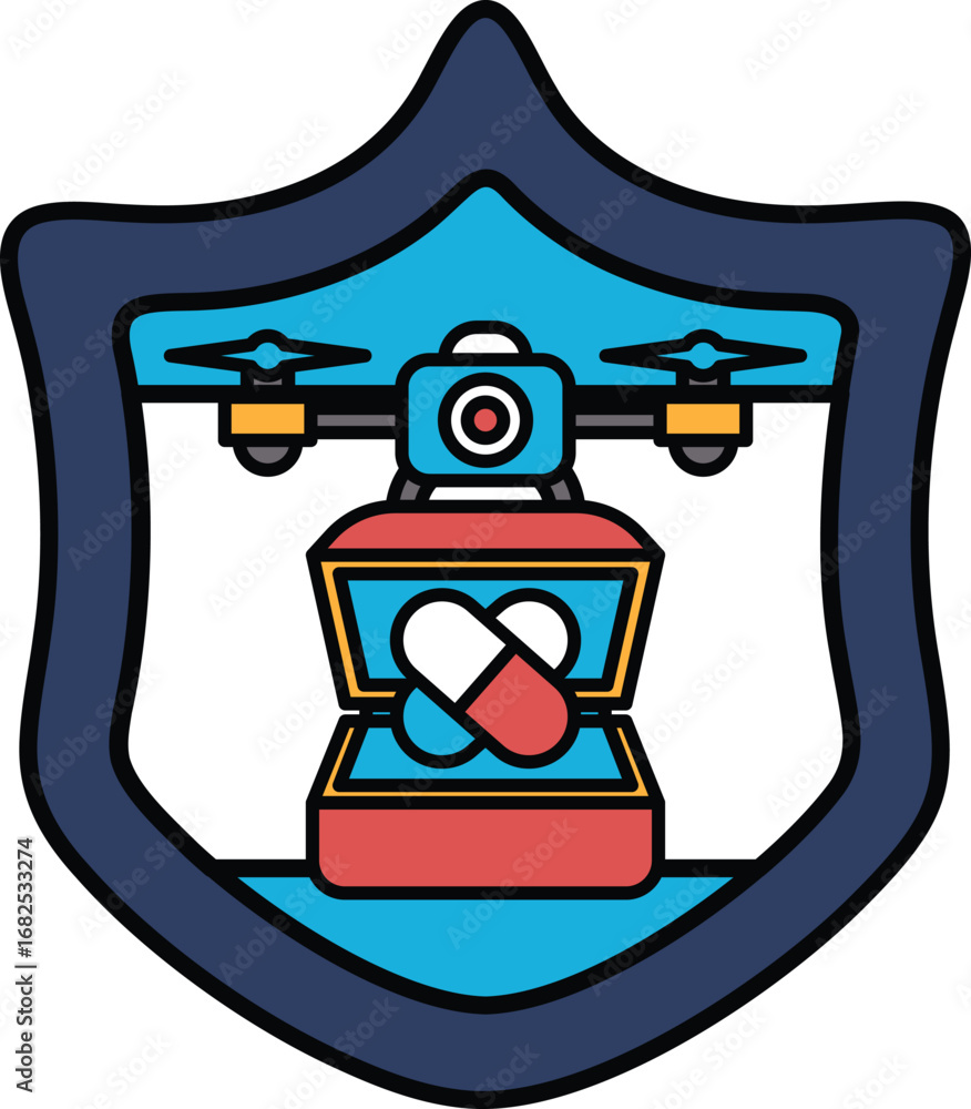 Poster a black and white image of a shield with a box on it