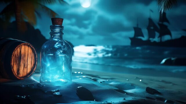 A glowing potion bottle on the beach with a pirate ship background under the moonlight creating a magical mysterious and fantastical scene