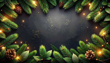 Festive arrangement with fir branches, cones, and leaves frames a dark space, complemented by small, twinkling lights, creating a warm holiday ambiance