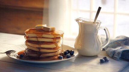 Fluffy Buttermilk Pancakes with Maple Syrup and Cold Milk on Light Wooden Breakfast Table 