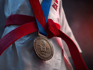 Closeup of a martial arts medal on a red belt