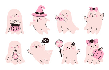 Collection of Cute Halloween Pink Ghost Characters