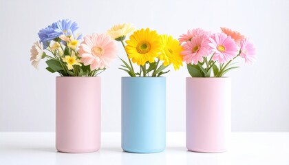 Three pastel vases hold an assortment of colorful gerbera daisies, set against a bright, neutral background, evoking a cheerful and minimalist aesthetic