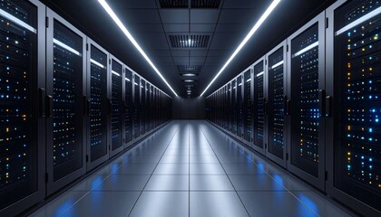 Fototapeta premium Gleaming Corridor of a Modern Data Center with Rows of Luminous Servers