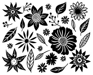 Fototapeta premium Assorted Black Flowers and Leaves on White Background