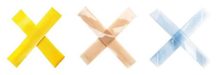 Three adhesive medical tape crosses in yellow, beige and blue colors isolated on transparent background