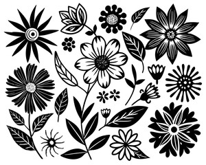 Obraz premium Black floral and leaf motifs on white background flower