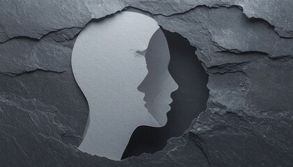 Abstract gray stone frames a dual head profile cutout. The stark silhouette reveals a shadowed impression, creating depth and a sense of introspection