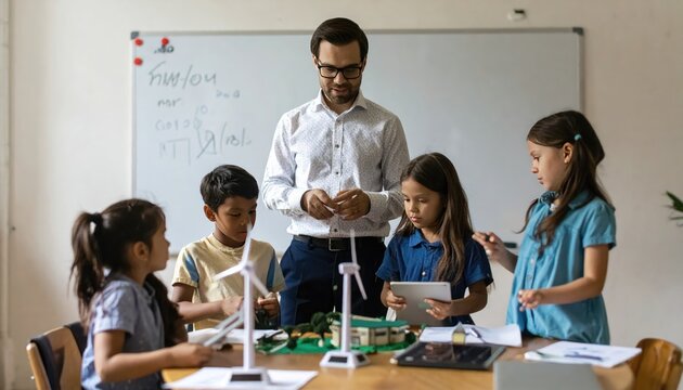 Educator guides children in a classroom environment. Small wind turbine models and electronic tablets are on the table in front of them