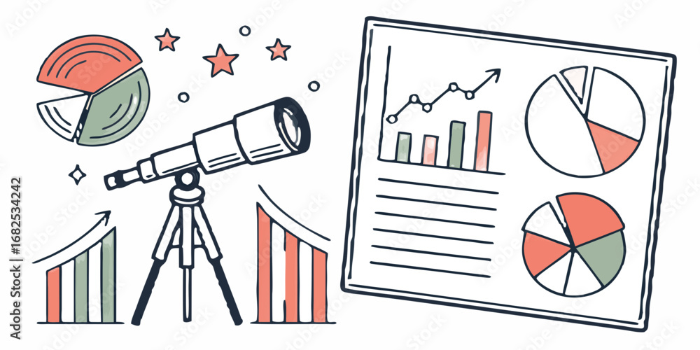 Poster Illustration showing a telescope with charts and graphs depicting business analysis and future projections created with generated ai