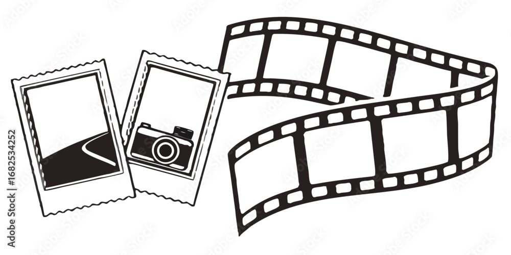 Poster illustration of two photos with camera and road next to a film strip with rectangular frames design 