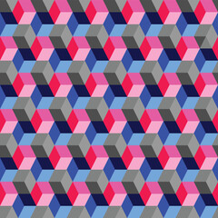 Raster illustration. Optical illusion cubes made by rhombuses. Geometric design. Seamless repeat pattern. blue pink gray cubes