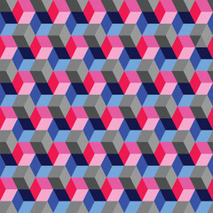 Vector illustration. Optical illusion cubes made by rhombuses. Geometric design. Seamless repeat pattern. blue pink gray cubes
