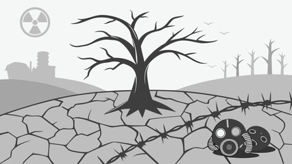 Dystopian War Aftermath Vector Illustration, Environmental Destruction with Withered Tree and Polluted Industrial Horizon