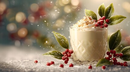 Intricately Detailed Holiday Eggnog with Vibrant Mistletoe Garnish Radiating Festive Romance and Seasonal Warmth