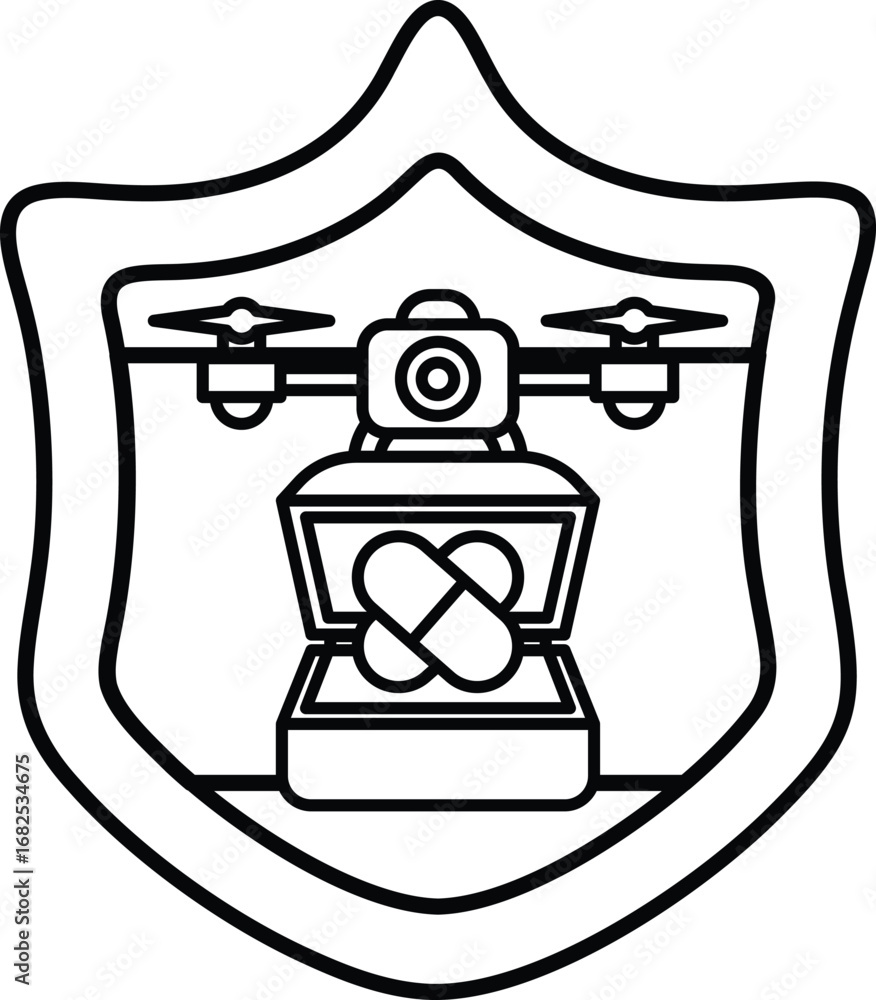 Poster a black and white image of a shield with a box on it