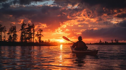 A kayaker silhouette against a fiery sunset sky, with the last rays of light reflecting off the water. The image is serene and full of natural beauty.