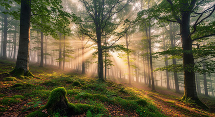 A misty forest with beautiful golden sunbeams streaming through the trees at sunrise