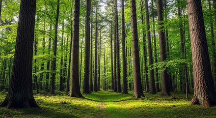 Fototapeta premium A path through a beautiful and lush green forest with tall trees and sunlight