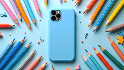 Light-blue phone case rests on a bright blue surface surrounded by various colored pencils and stationery. Top-down view, simple, flat lay composition