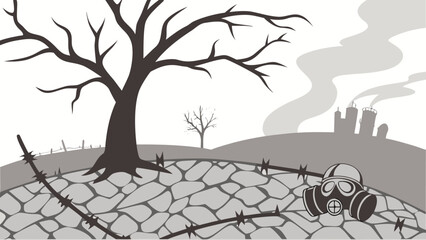 Dystopian War Aftermath Vector Illustration, Environmental Destruction with Withered Tree and Polluted Industrial Horizon