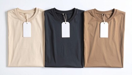 Three neatly folded t-shirts, beige, dark grey, and brown, each with a blank white tag, lay on a white surface, shot from directly above