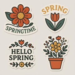 Spring Floral Sticker Set with Flowers and Seasonal Lettering – Decorative Hand Drawn Design Collection