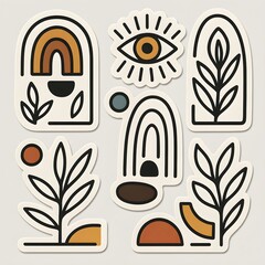 Boho Abstract Sticker Set – Minimalist Botanical and Geometric Line Art Design
