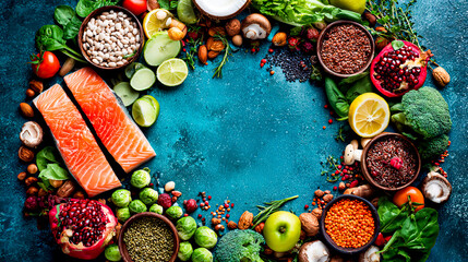 Clean Eating Background: Salmon and greens on the edges - space for a banner