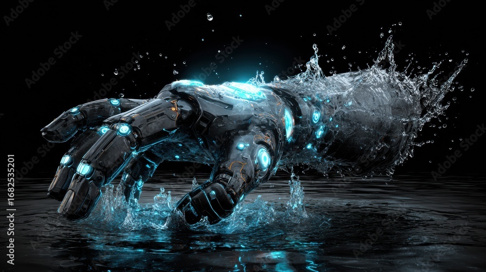 Poster futuristic robotic hand emerging from water with glowing elements during nighttime setting