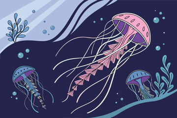 World Jellyfish Day Vector Illustration, Graceful Bioluminescent Sea Creatures in Deep Ocean Design