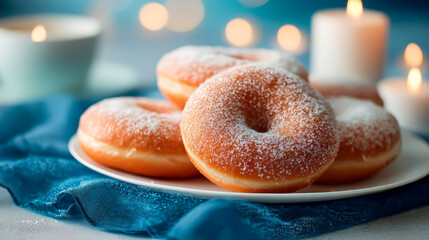 Cozy Hanukkah: Plate of donuts on blue napkin, warm light