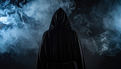 A cloaked figure shrouded in darkness stands amid swirling, eerie blue smoke. Back view, ominous and mysterious