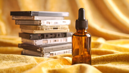 Amber glass dropper bottle and vintage media stack on golden fabric, blending modern essential oils with nostalgic analog memories, creating a cozy self-care scene