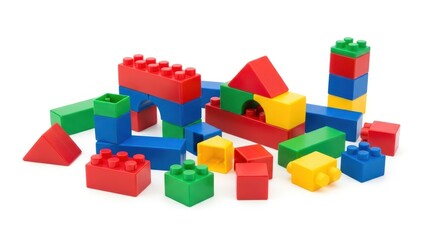Colorful Plastic Building Blocks for Children on White Background