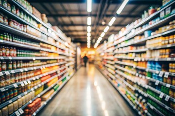 shopping cart in supermarket. abstract blurred in supermarket and commodity product