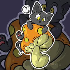 Cute Black Cat with Mushroom Cartoon Vector Illustration