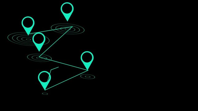 Glowing neon line location icon animated on a black background.