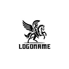 Fototapeta premium Warrior on winged horse logo design. Black and white.