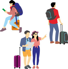 Vector illustration of travelers with luggage, backpacks, and maps, representing tourism and vacation concept