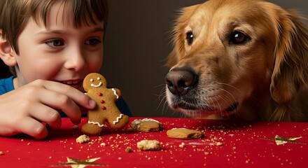 A young boy shares a gingerbread cookie with his golden retriever dog during the holiday season