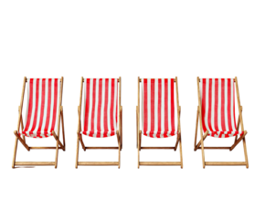 Four red and white striped beach chairs in a row, slightly angled