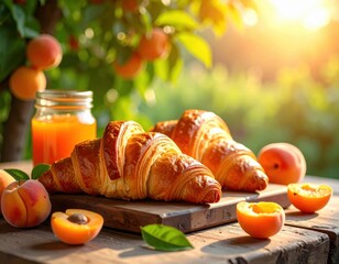 
Freshly baked croissants and ripe apricots are arranged on a rustic wooden table with a jar of jam in the background.