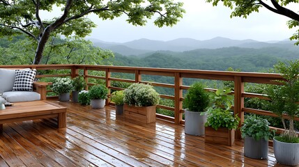 Fototapeta premium Serene Wooden Balcony Overlooking Misty Mountains in Gentle Rainfall