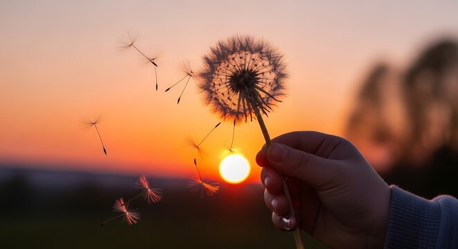 Hand Holding Delicate Dandelion Seeds Blowing in Orange Sunset Sky - Powered by Adobe