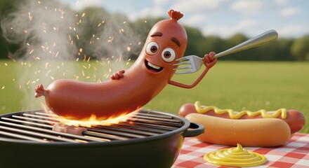 Smiling Animated Sausage Holding Fork on Grill with Picnic Background in Sunny Outdoor Setting
