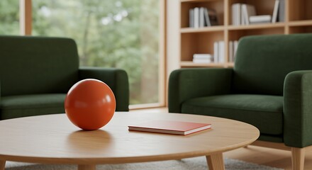 Minimalist living room interior design with comfortable armchairs bright orange ball and book placed on a wooden coffee table creating a peaceful and inviting atmosphere